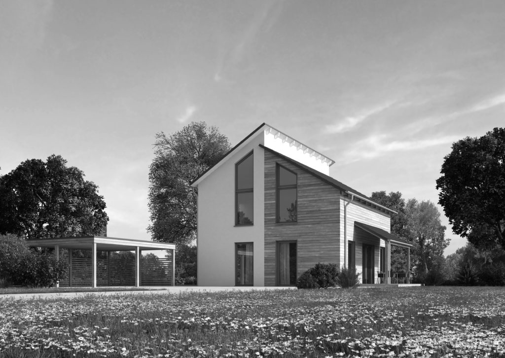 Einfamilienbau Architektenhaus mit Wiese und Bäumen