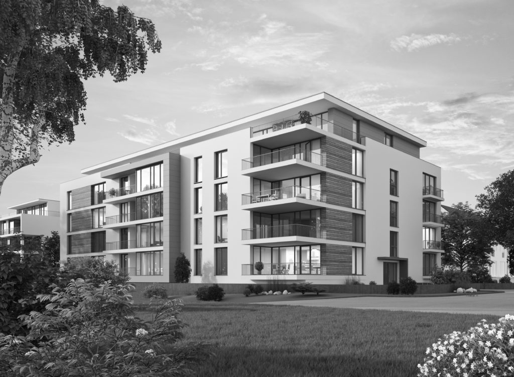 Mehrgeschossbau Geschosswohnbau mit Garten und Sträuchern